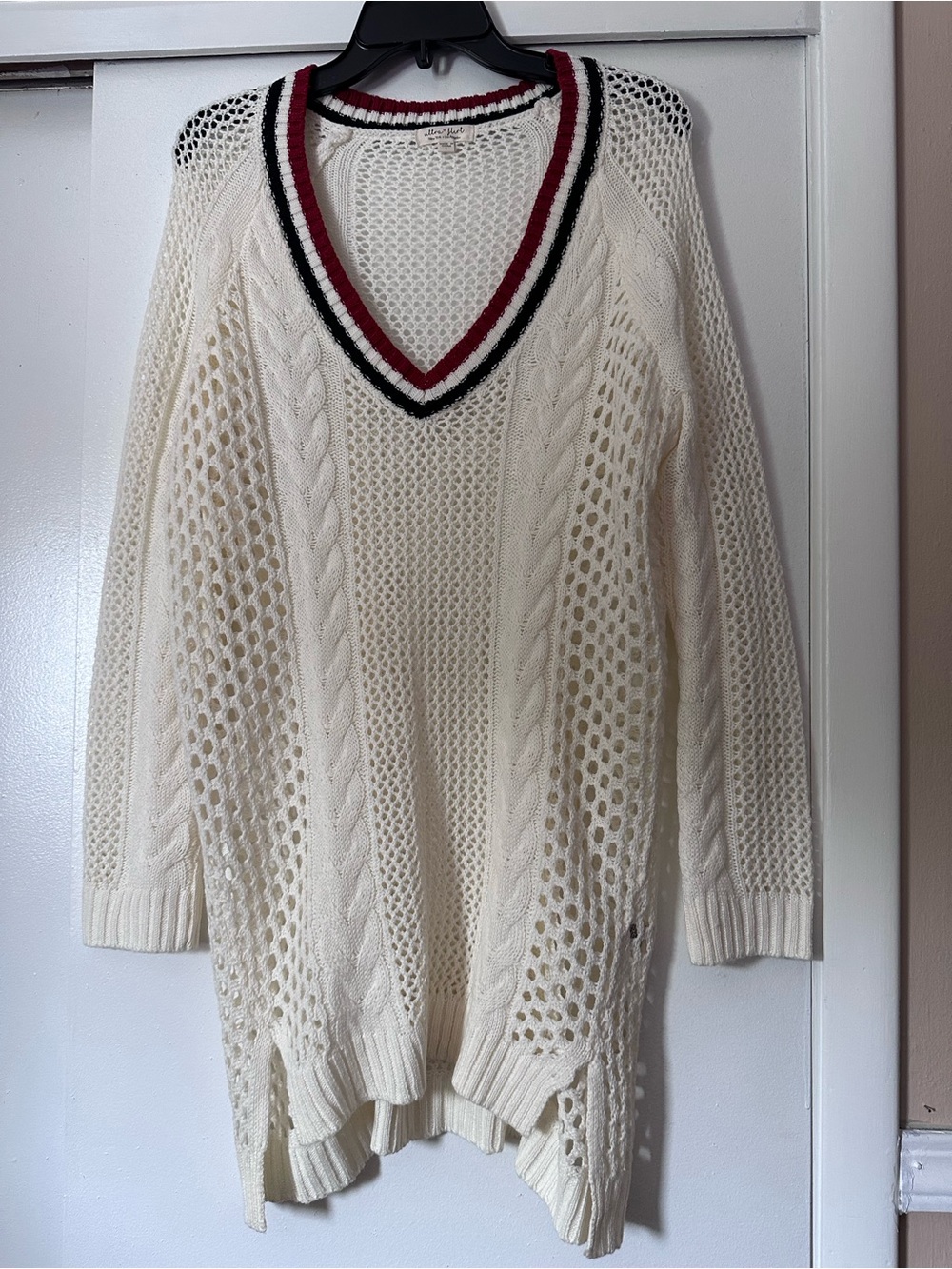 Ultra Flirt Cream V-Neck Open Knit Sweater with Red and Black Trim